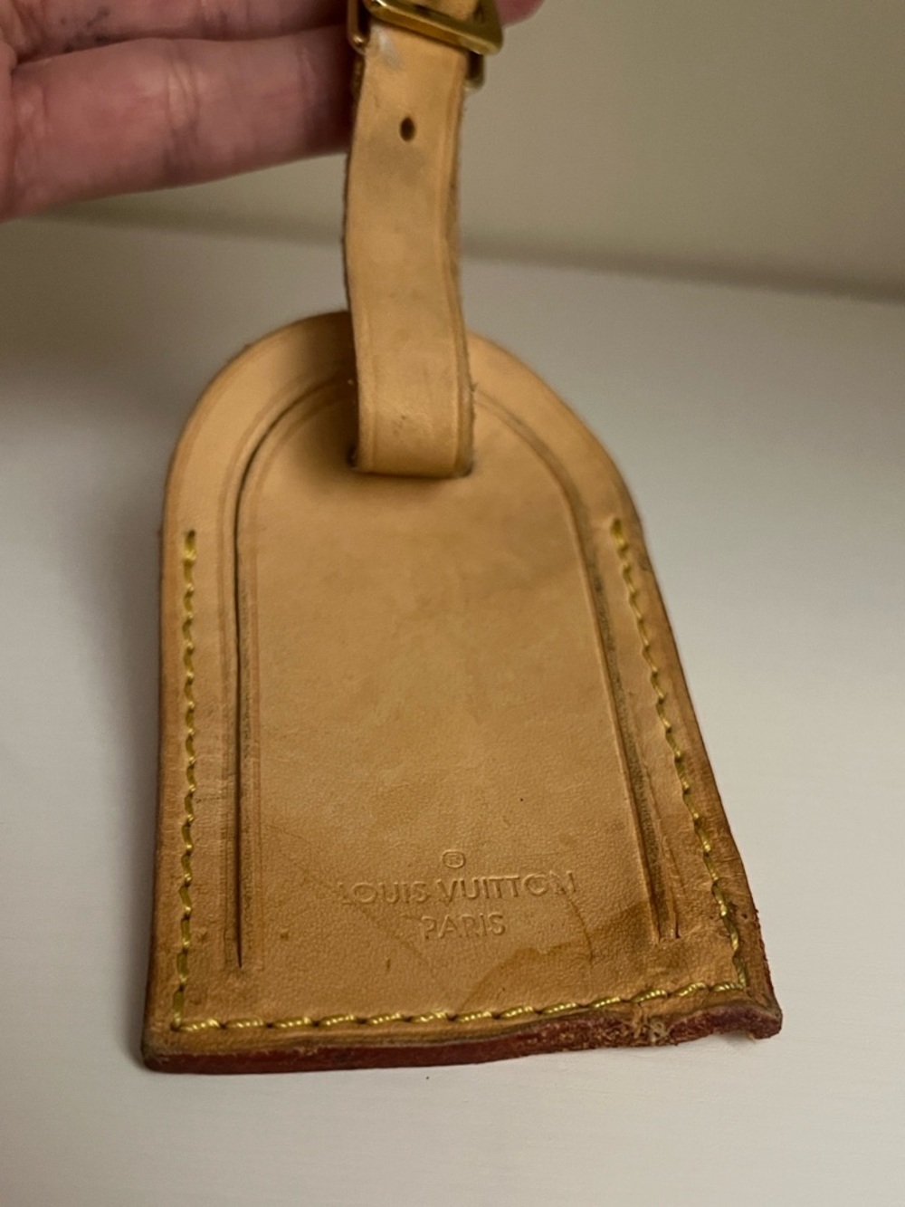 Louis Vuitton Tan Leather Luggage Tag with Yellow Stitching - Picture 3 of 10